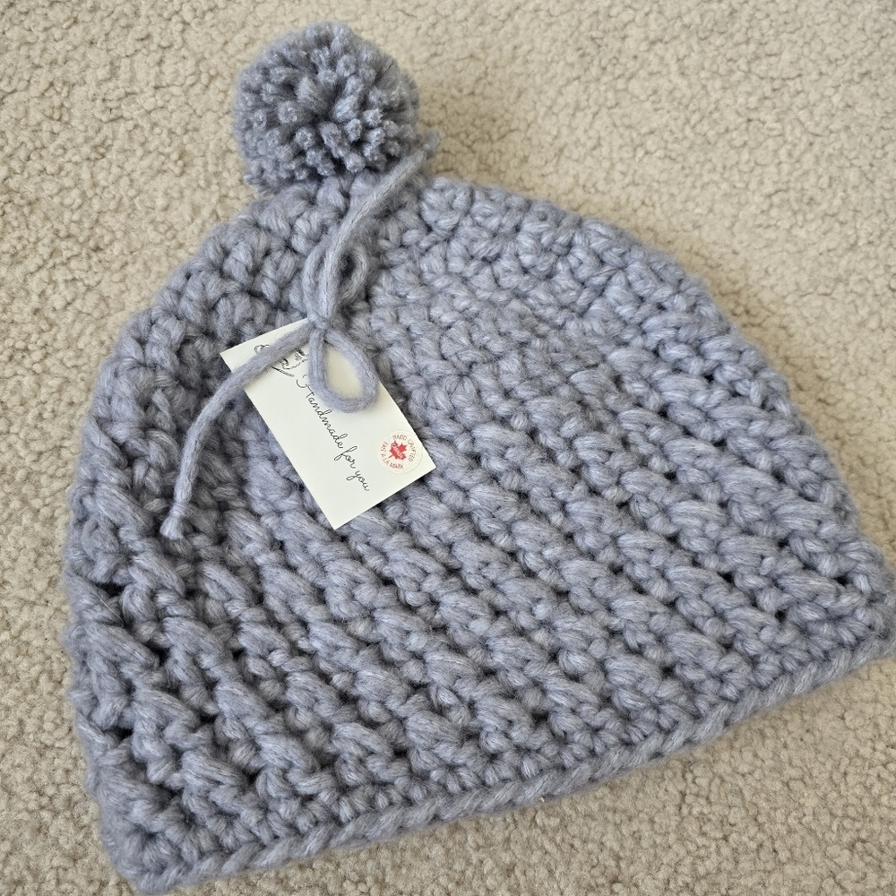 HANDMADE OOAK Pom-Pom Hat Toque Beanie  - Light Gray